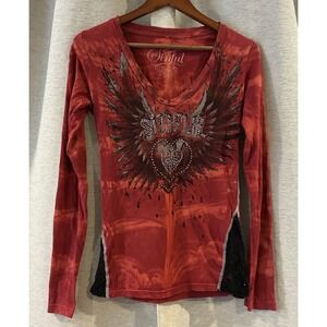 SINFUL BY AFFLICTION Y2K 00s Wing Bling Long Sleeve Shirt Size Small